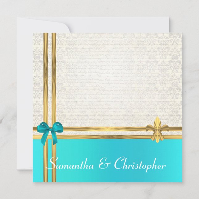 Turquoise  and gold ribbon with white  damask invitation (Front)