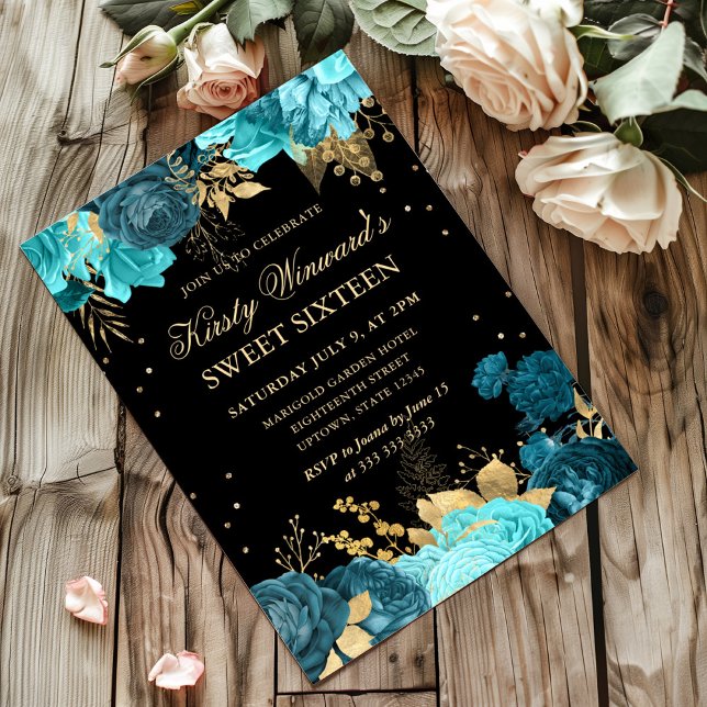 Turquoise and Gold Roses Floral Sweet Sixteen Invitation (Creator Uploaded)