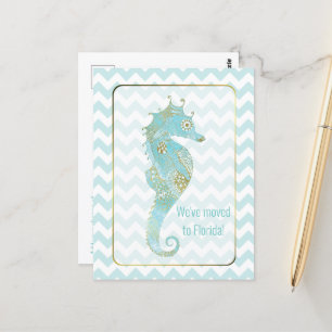 Turquoise and Gold Seahorse Change of Address Postcard