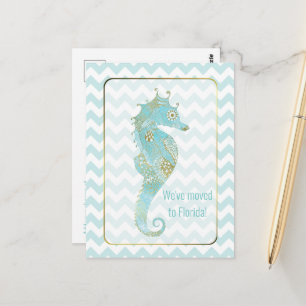 Turquoise and Gold Seahorse Change of Address Postcard