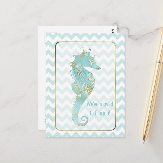 Turquoise and Gold Seahorse Change of Address Postcard (Front/Back In Situ)