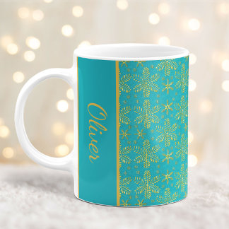 Turquoise and Gold Snowflakes Christmas Mug