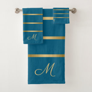 Turquoise and gold stripes pattern bath towel set