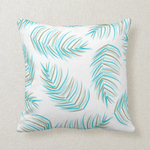Turquoise and Gold Tropical Palm Leaves Pattern Cushion