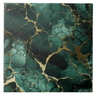 Turquoise and Gold Veined Marble Illustration Ceramic Tile
