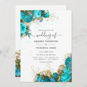Turquoise and Gold Vintage Floral Wedding Invitation