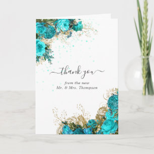 Turquoise and Gold Vintage Floral Wedding Photo Thank You Card