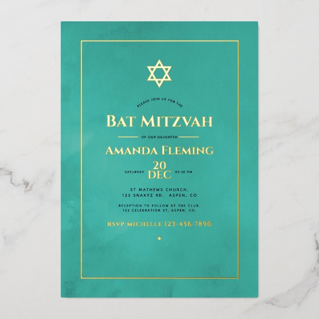 Turquoise and Gold Watercolor Bat Mitzvah Photo Fo (Front)