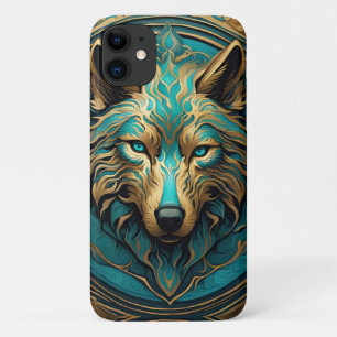 Turquoise and Gold Wolf iPhone 11 Case