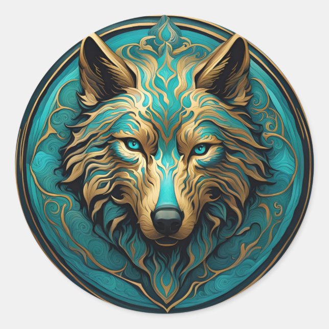 Turquoise and Gold Wolf Classic Round Sticker (Front)