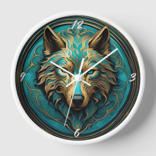 Turquoise and Gold Wolf Clock