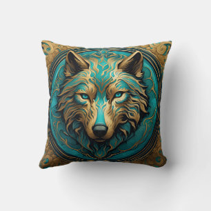 Turquoise and Gold Wolf Cushion
