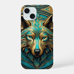 Turquoise and Gold Wolf iPhone 15 Case