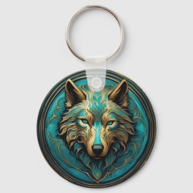 Turquoise and Gold Wolf Key Ring (Front)