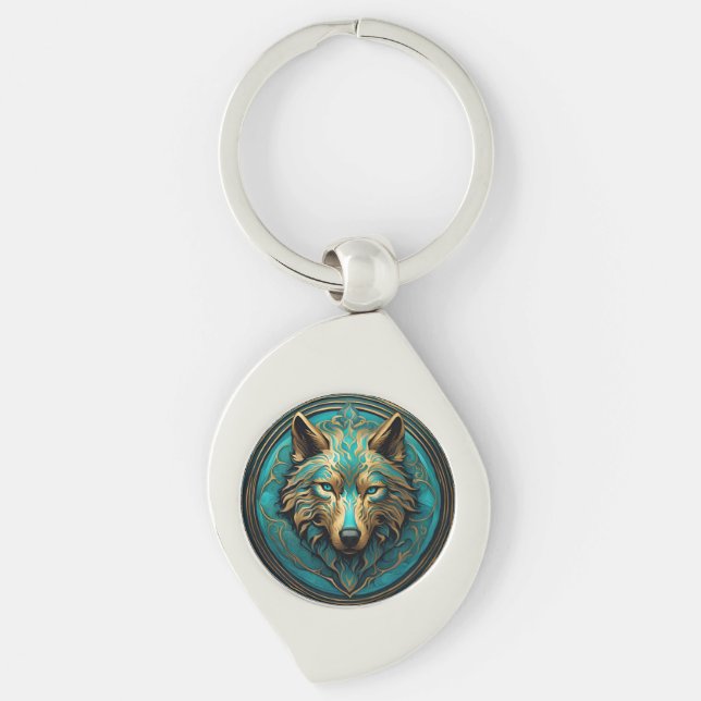 Turquoise and Gold Wolf Key Ring (Front)