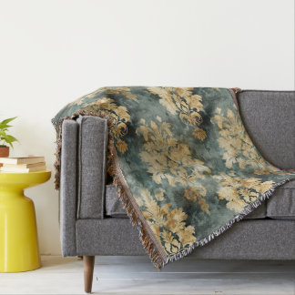 Turquoise and Golden Damask Pattern Throw Blanket