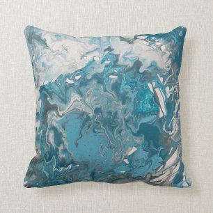 Turquoise and Gray Acrylic Pour Paint Marbleized Cushion