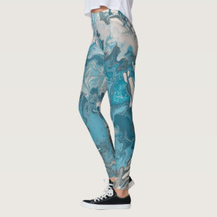 Turquoise and Gray Acrylic Pour Paint Marbleized Leggings