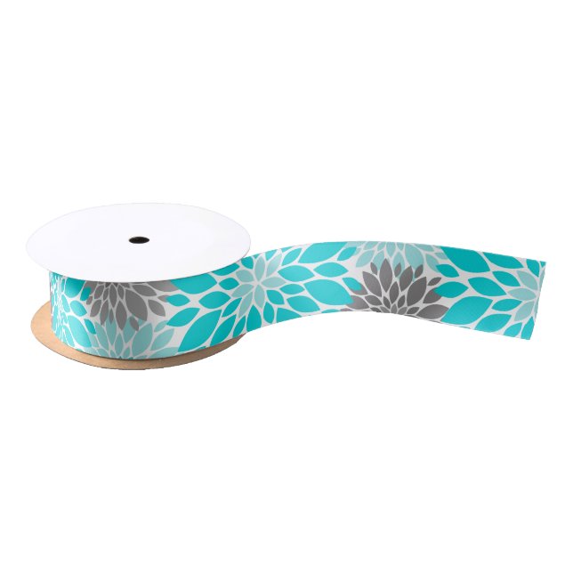 Turquoise and Gray Chrysanthemums Floral Pattern Satin Ribbon (Spool)