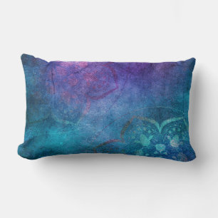 Turquoise and Green Elegant Lotus Flower Lumbar Cushion