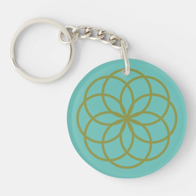 Turquoise and Green Flower Design Acrylic Key Ring (Front)