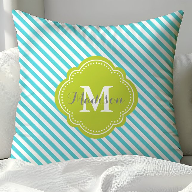 Turquoise and Green Striped Monogram Cushion (Creator Uploaded)