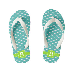 Turquoise and Green Whales Square Monogram Kid's Thongs