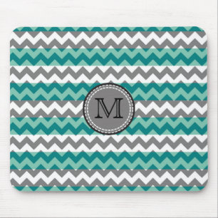 Turquoise and Grey Chevron Zigzag Monogram #2 Mouse Pad