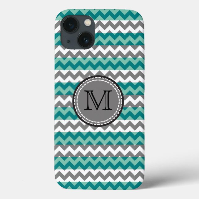 Turquoise and Grey Chevron Zigzag Monogram Case-Mate iPhone Case (Back)