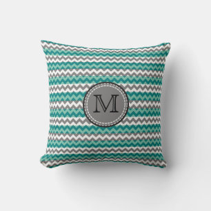 Turquoise and Grey Chevron Zigzag Monogram Cushion