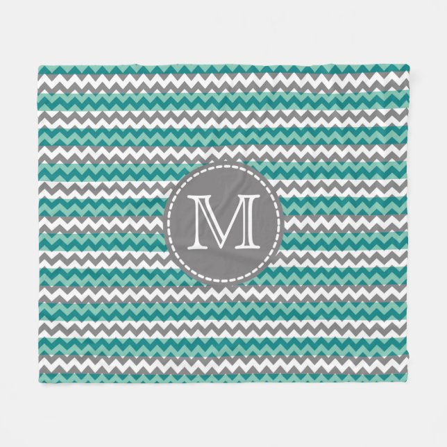 Turquoise and Grey Chevron Zigzag Monogram Fleece Blanket (Front (Horizontal))