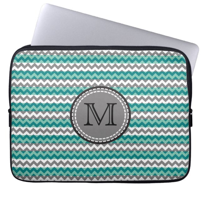 Turquoise and Grey Chevron Zigzag Monogram Laptop Sleeve (Front)