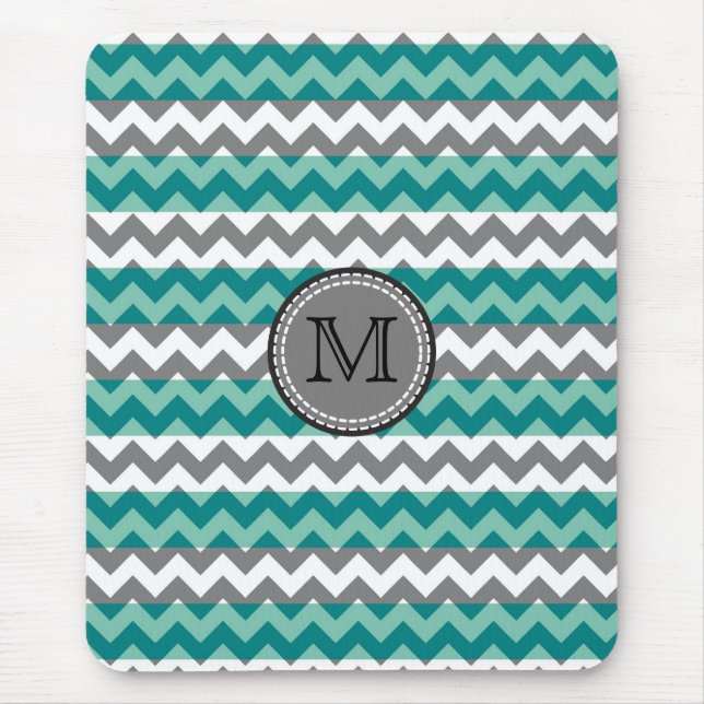Turquoise and Grey Chevron Zigzag Monogram Mouse Pad (Front)