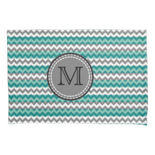 Turquoise and Grey Chevron Zigzag Monogram Pillowcase