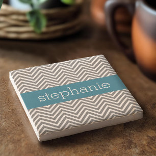 Turquoise and Grey Chevrons Custom Name Stone Coaster