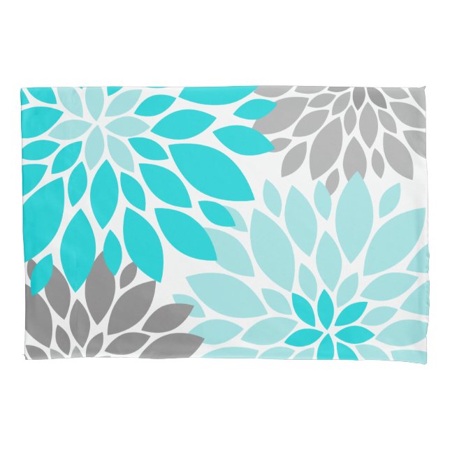 Turquoise and Grey Chrysanthemums Floral Pattern Pillowcase (Front-Left)