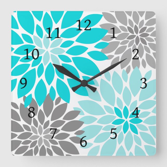 Turquoise and Grey Chrysanthemums Floral Pattern Square Wall Clock (Front)
