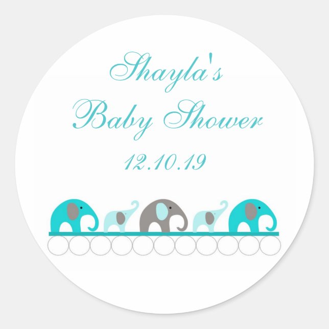 Turquoise and Grey Elephant Baby Shower Favour Classic Round Sticker (Front)