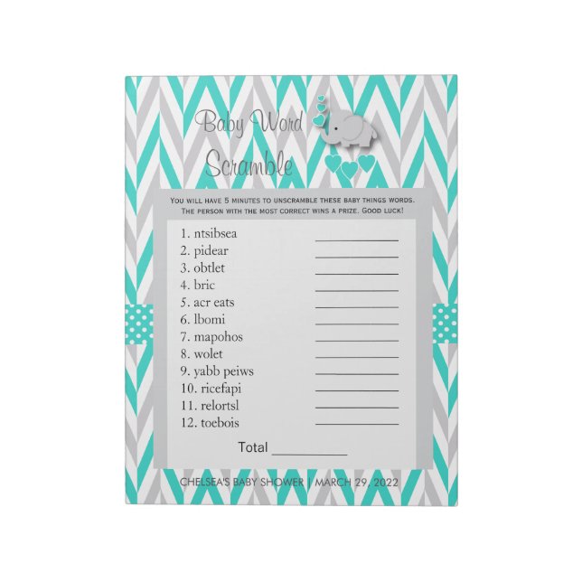 Turquoise and Grey Elephant Baby Shower Game Notepad (Rotated)