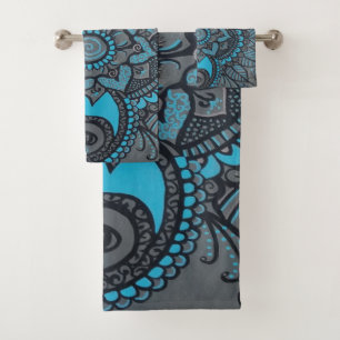 Turquoise and Grey Henna Inspired Flower Bath Towel Set
