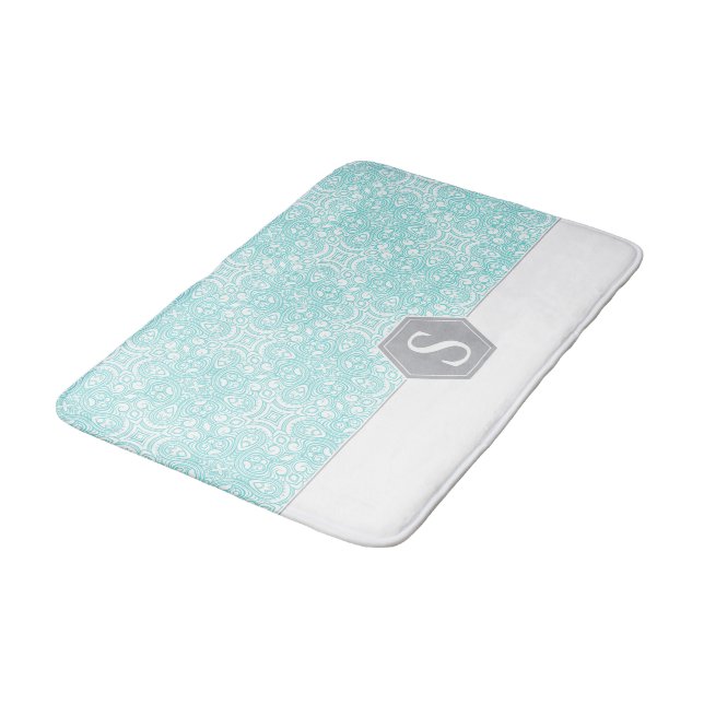 Turquoise and grey monogram pattern template… bath mat (Angled)