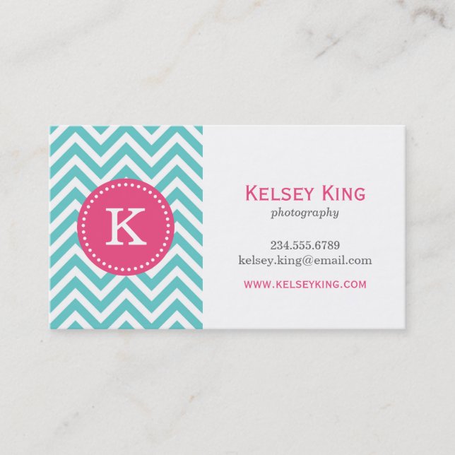 Turquoise and Hot Pink Chevron Custom Monogram Business Card (Front)