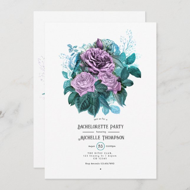 Turquoise and Lavender Floral Bachelorette Party Invitation (Front/Back)