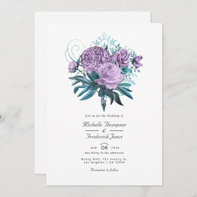 Turquoise and Lavender Floral Wedding Invitation (Front/Back)