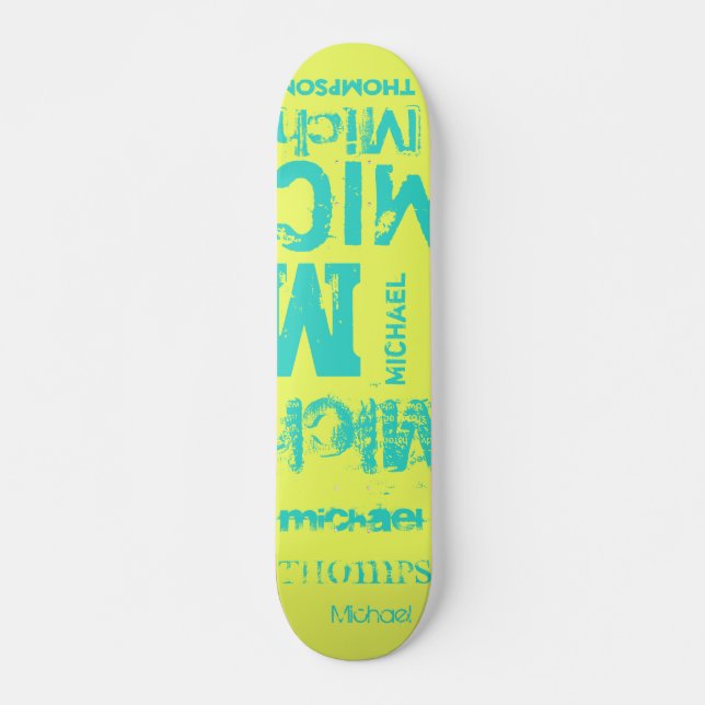 Turquoise and Lemon Grunge Typography Word Cloud Skateboard (Front)