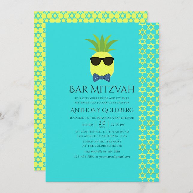 Turquoise and Lemon Tropical Summer Bar Mitzvah Invitation (Front/Back)