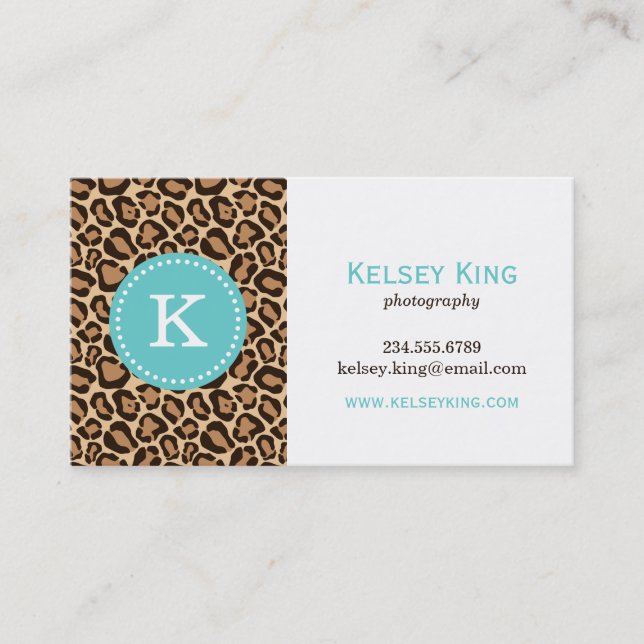 Turquoise and Leopard Print Custom Monogram Business Card (Front)