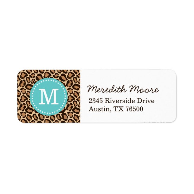 Turquoise and Leopard Print Custom Monogram Return Address Label (Front)