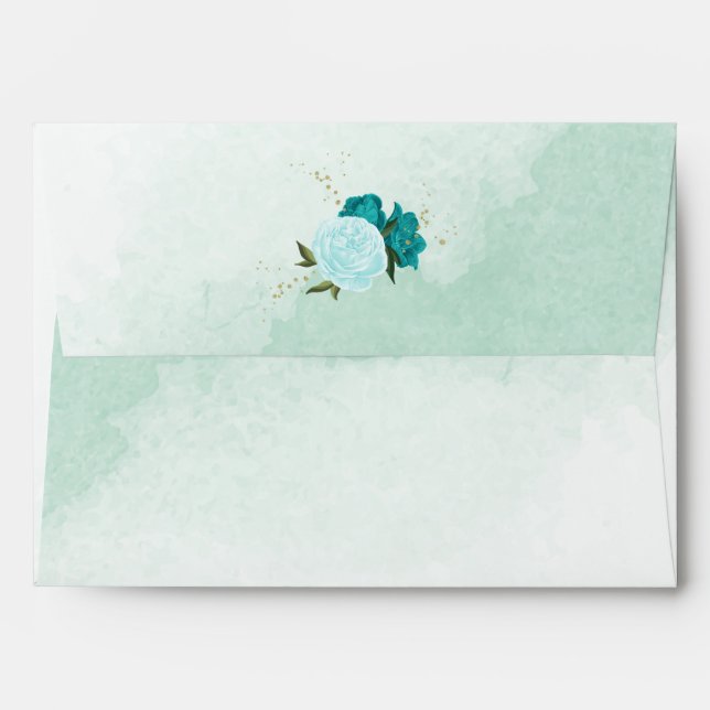 turquoise and light blue flowers wedding envelope (Back (Top Flap))