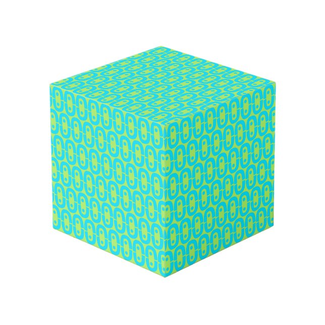Turquoise and Lime Green Geometric Pattern Cube (Front Angled)